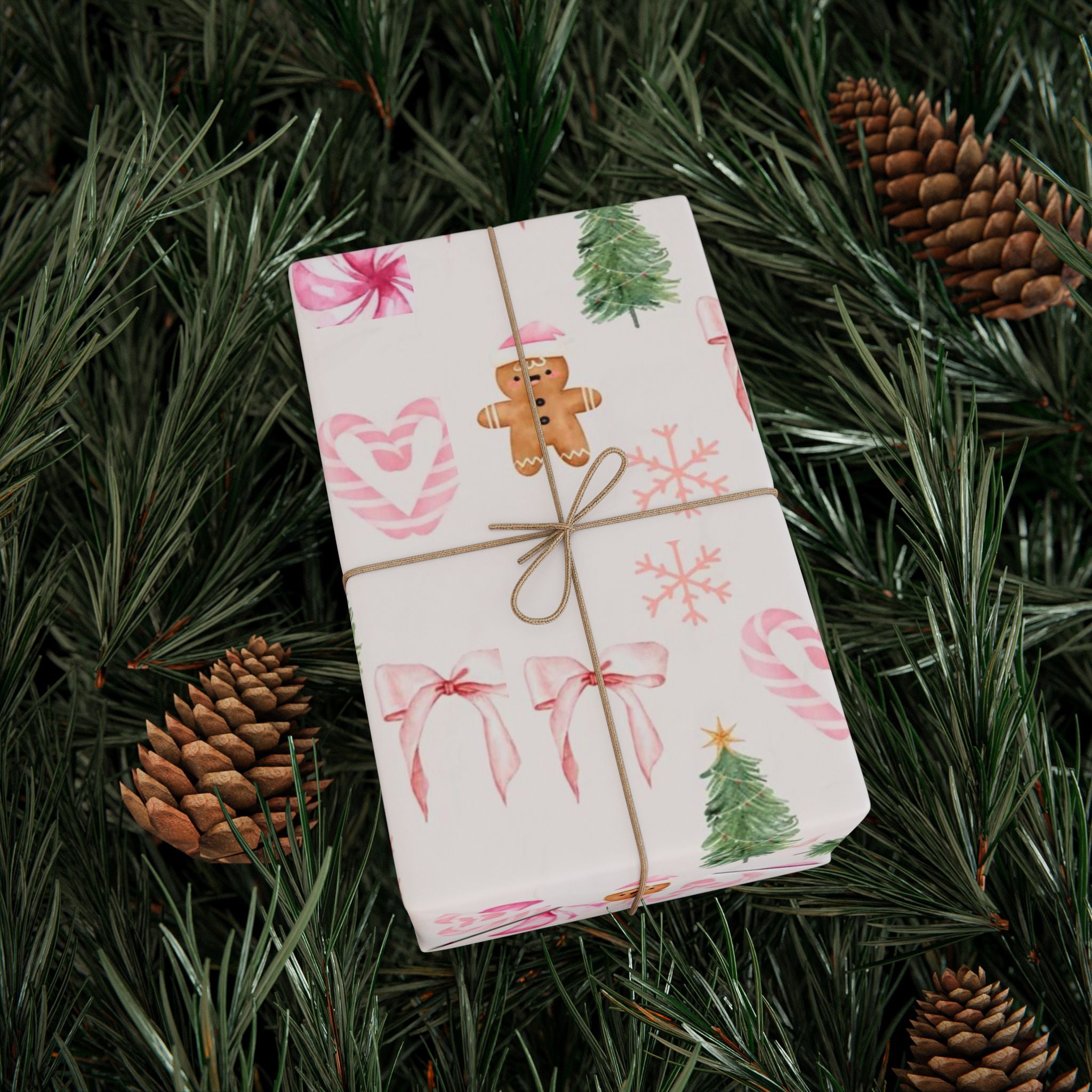 Pink Christmas Wrapping Paper — Cute Gingerbread, Santa & Candy Cane Holiday Gift Wrap