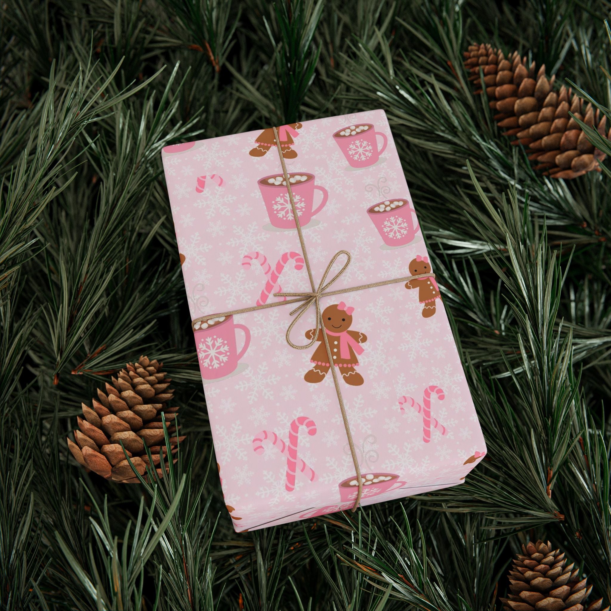 Pink Christmas Wrapping Paper - Gingerbread Girl & Hot Cocoa Pattern | Aesthetic Pinkmas Gift Wrap