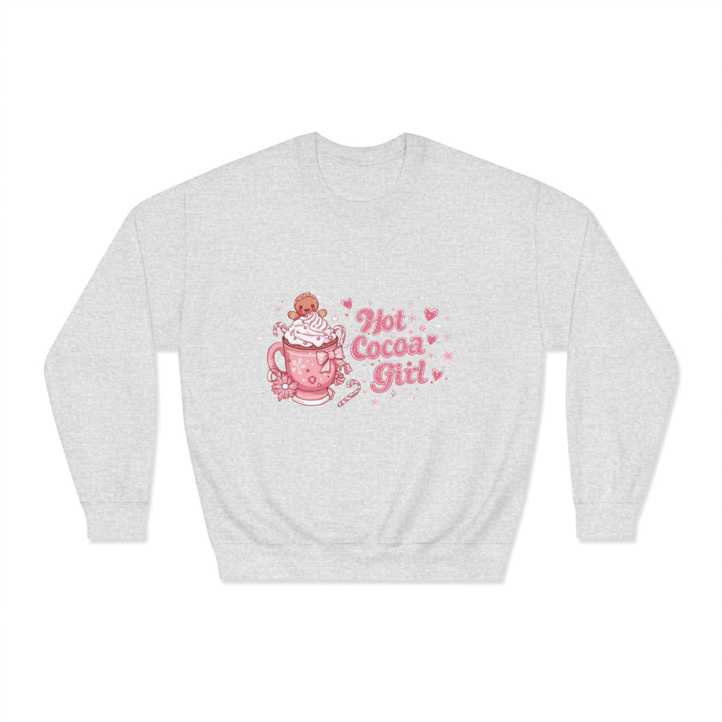 Hot Cocoa Girl Crewneck — Cute Pink Christmas Sweatshirt | Cozy Holiday Aesthetic Sweater