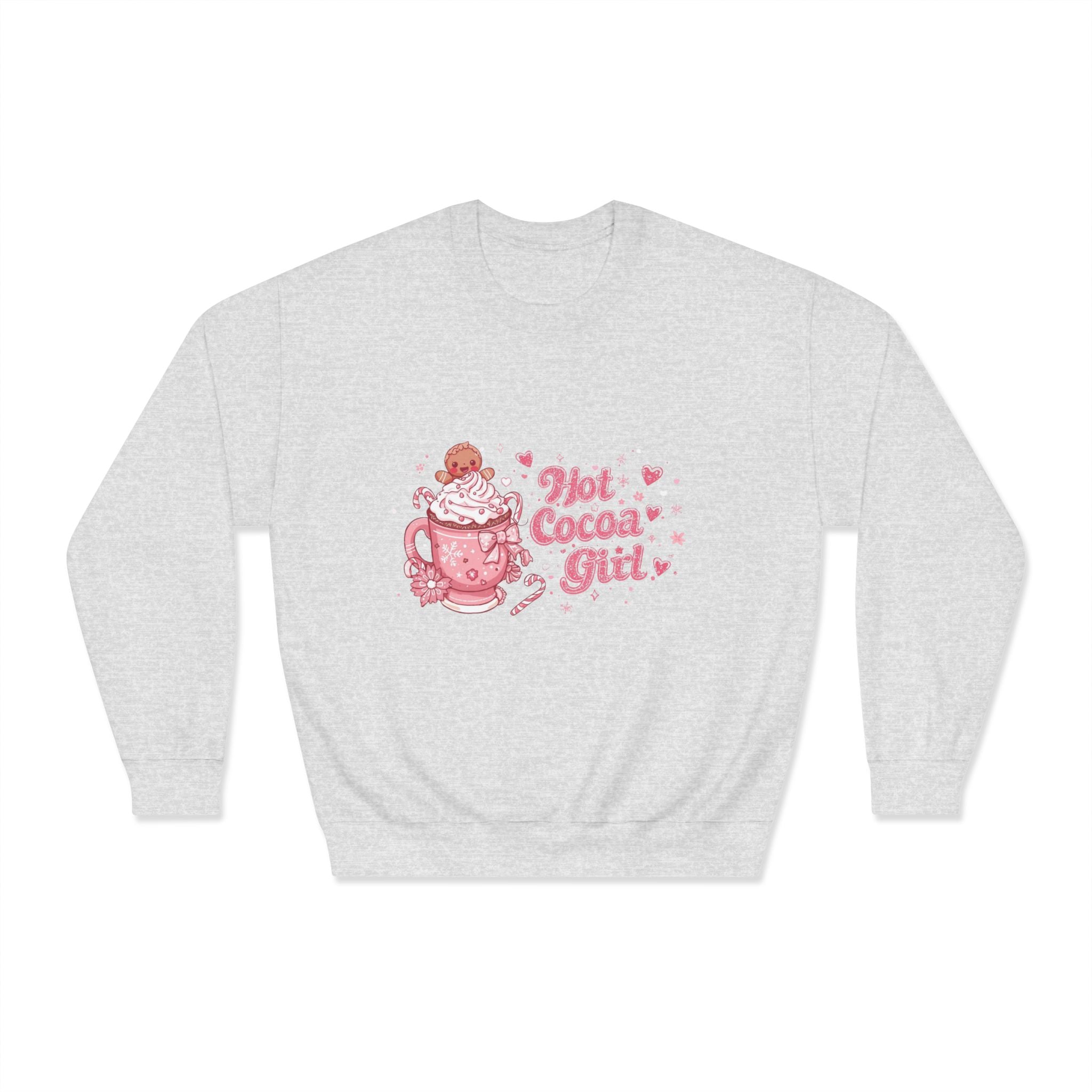 Hot Cocoa Girl Crewneck — Cute Pink Christmas Sweatshirt | Cozy Holiday Aesthetic Sweater