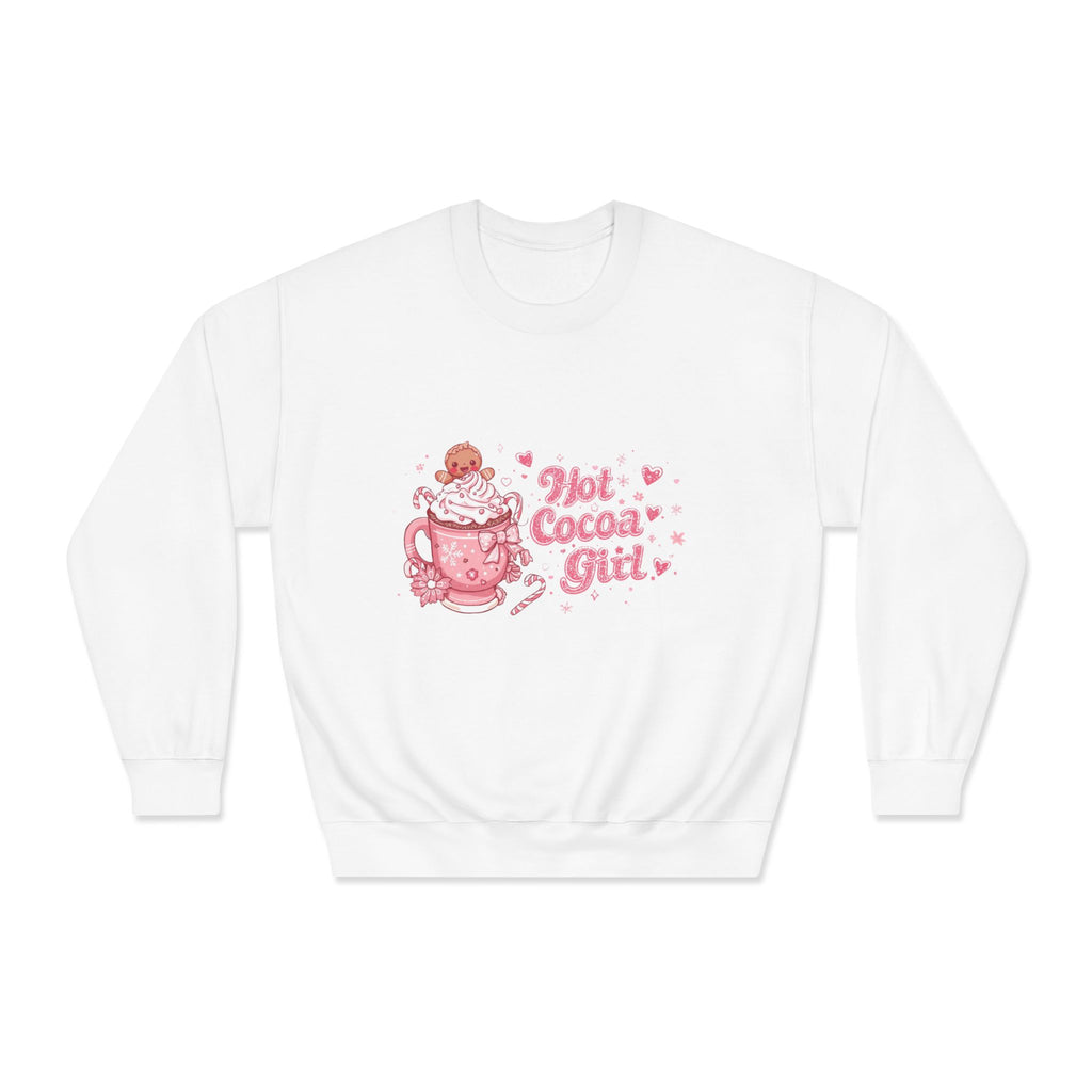 Hot Cocoa Girl Crewneck — Cute Pink Christmas Sweatshirt | Cozy Holiday Aesthetic Sweater