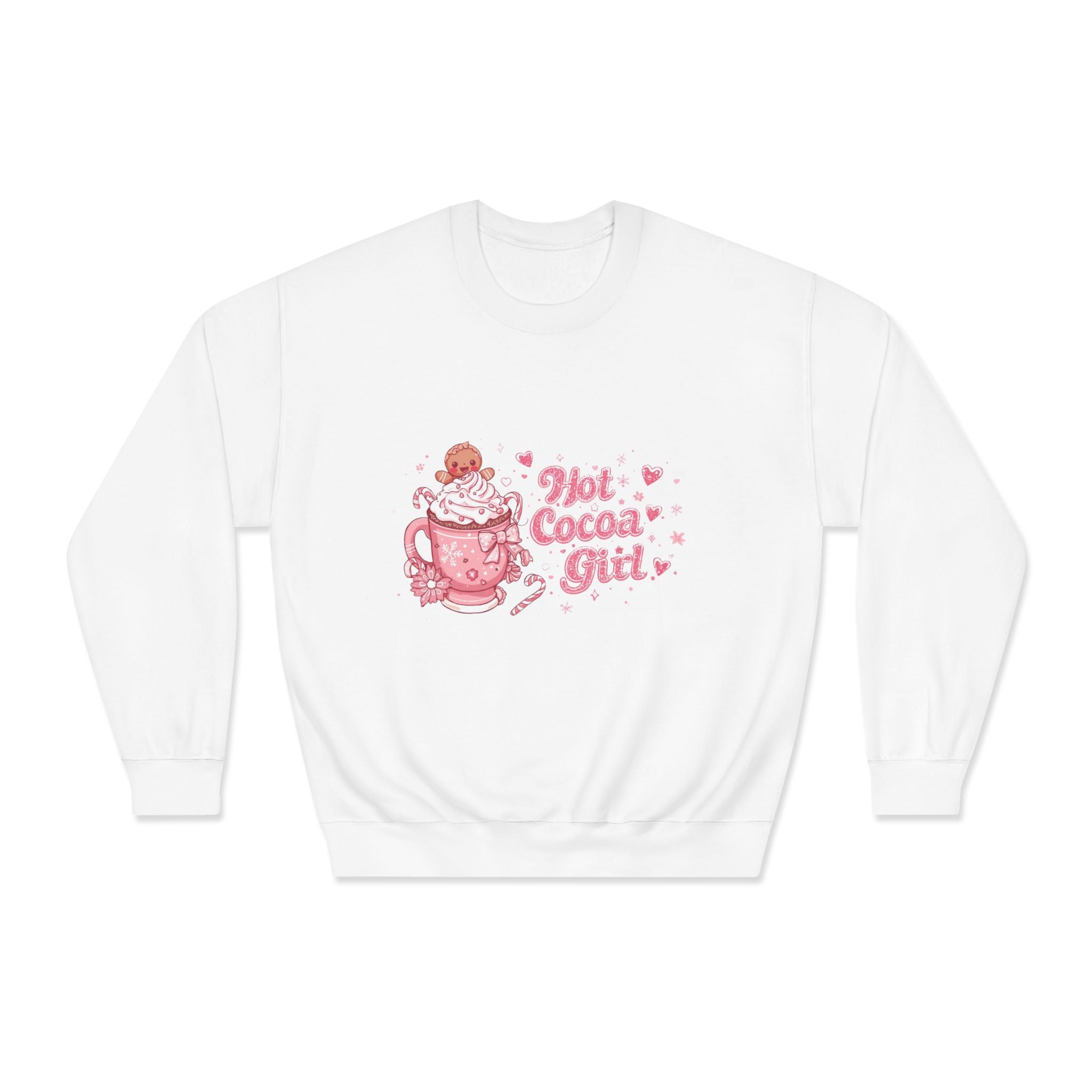 Hot Cocoa Girl Crewneck — Cute Pink Christmas Sweatshirt | Cozy Holiday Aesthetic Sweater