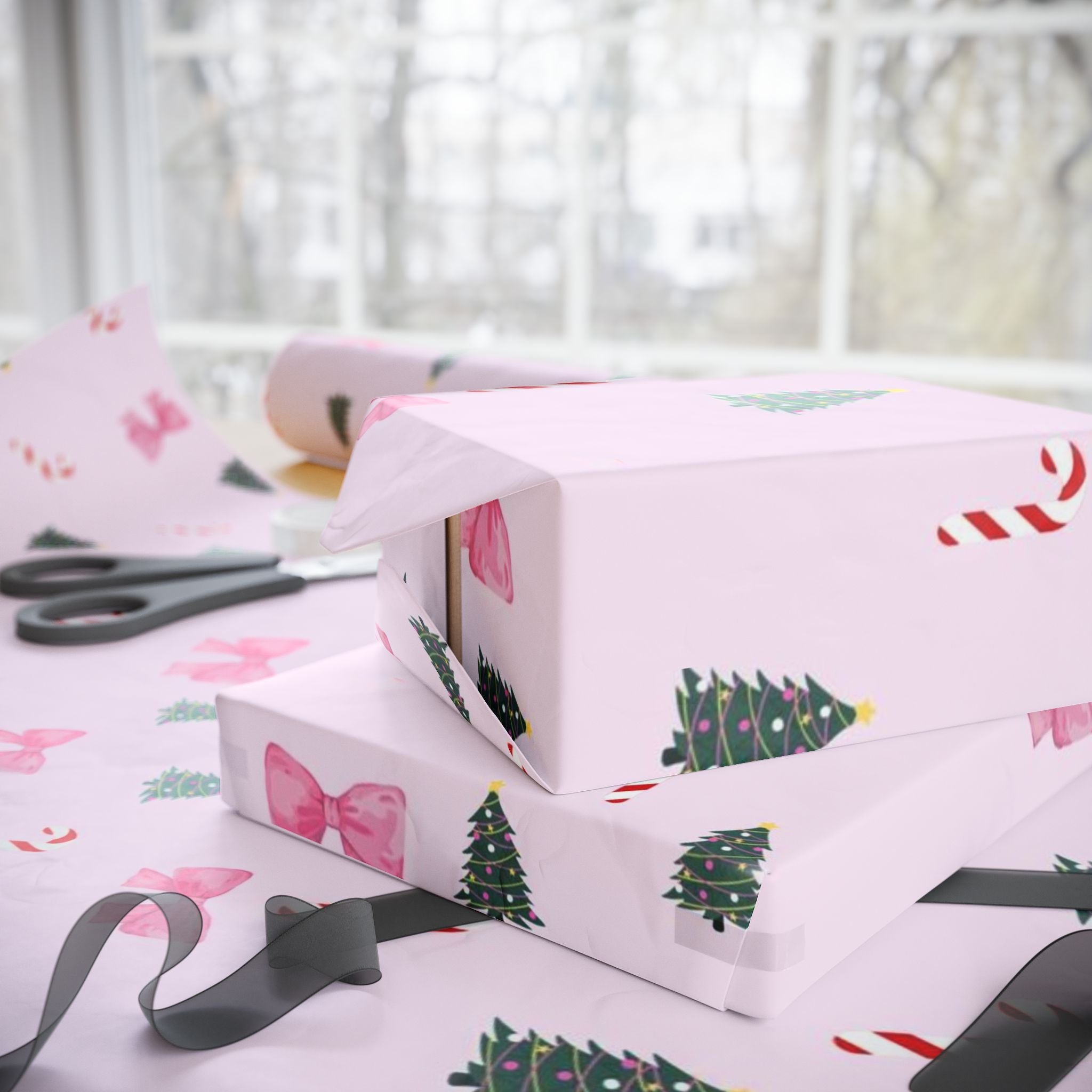 Pink Christmas Tree, Candy Cane & Bow Wrapping Paper
