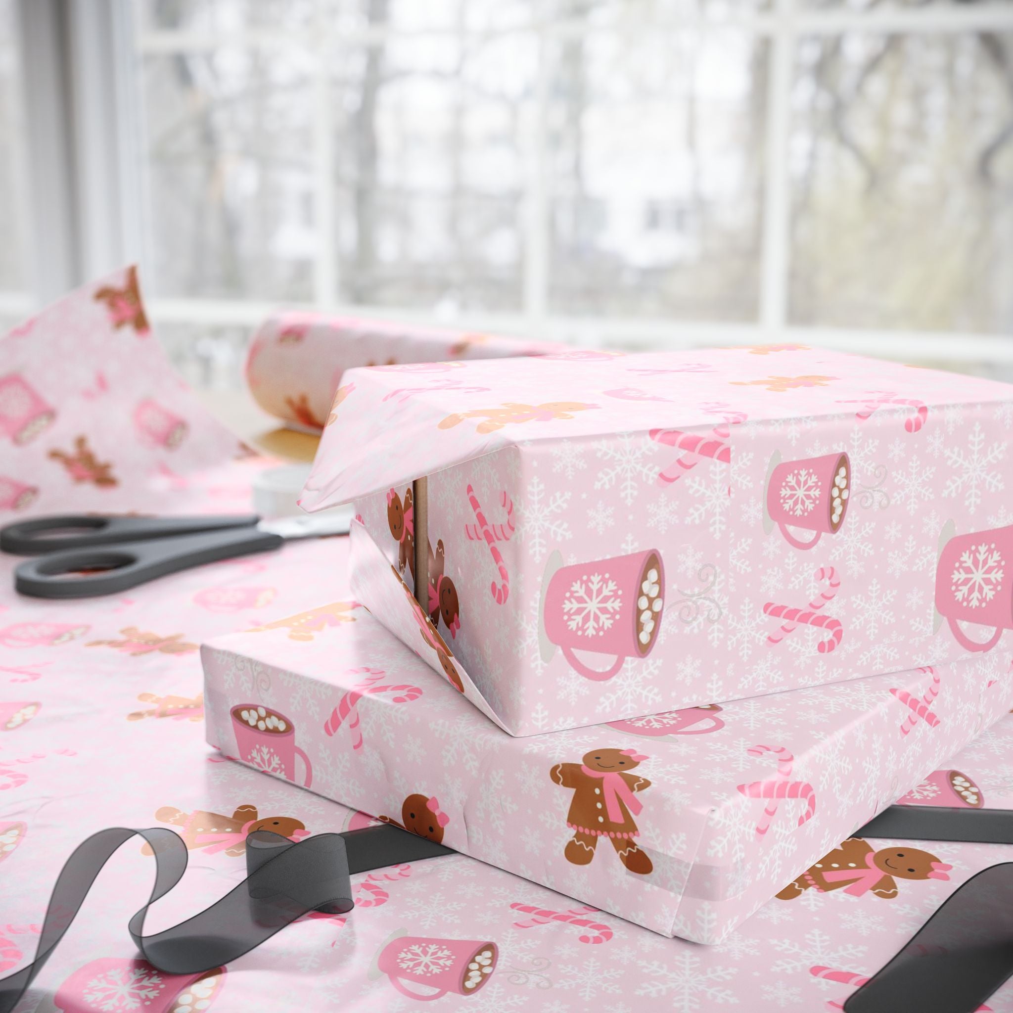 Pink Christmas Wrapping Paper - Gingerbread Girl & Hot Cocoa Pattern | Aesthetic Pinkmas Gift Wrap