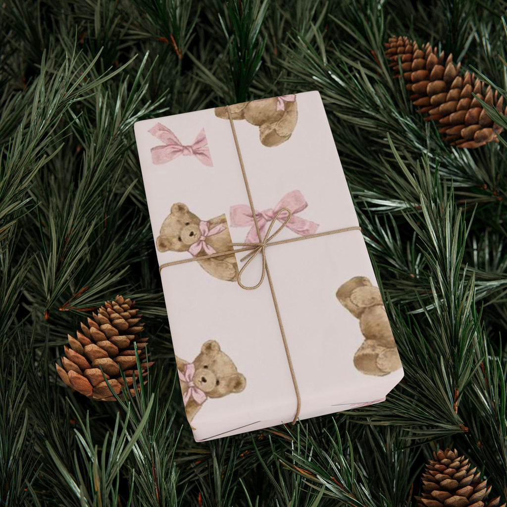 Pink Teddy Bear Christmas Wrapping Paper — Cute Girly Pinkmas Gift Wrap | Bow & Bear Holiday Paper