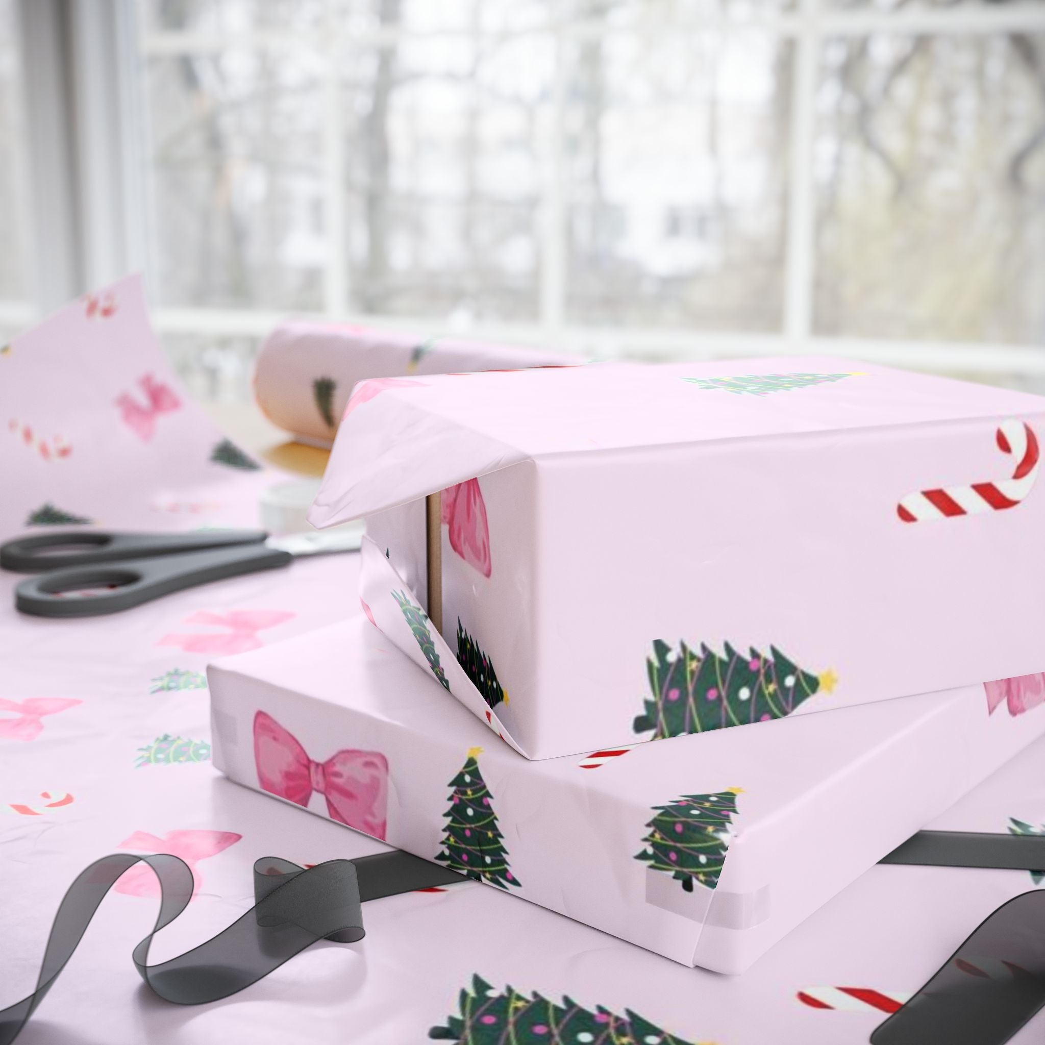 Pink Christmas Tree, Candy Cane & Bow Wrapping Paper