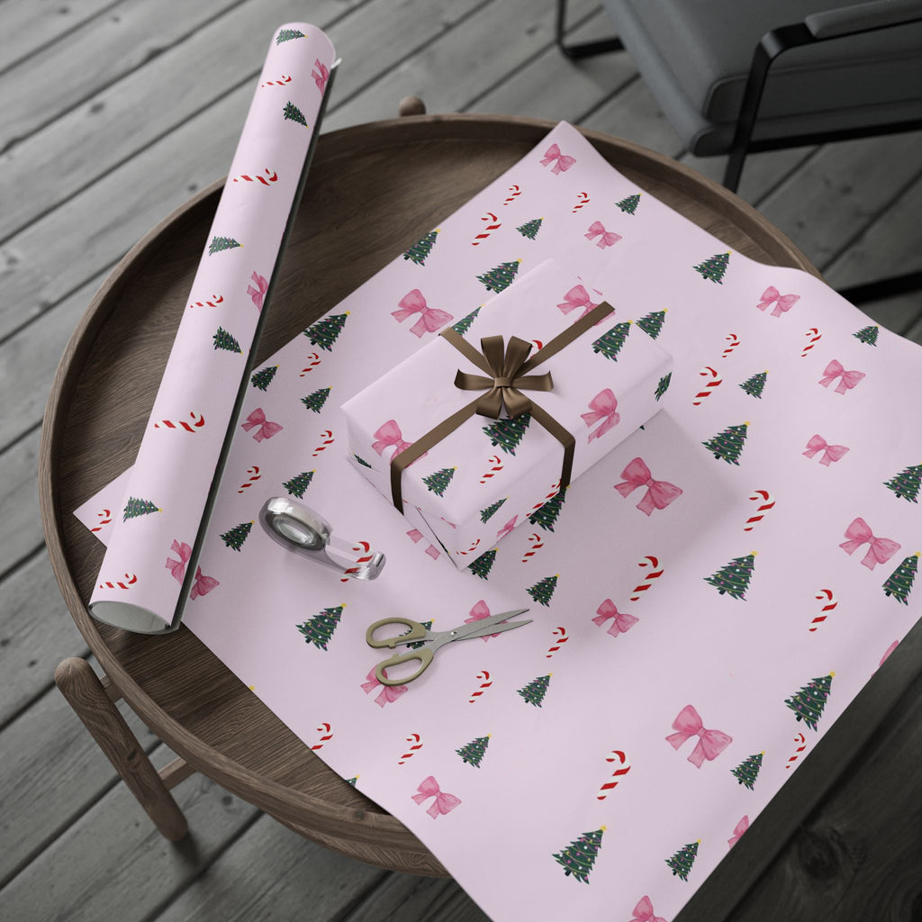 Pink Christmas Tree, Candy Cane & Bow Wrapping Paper