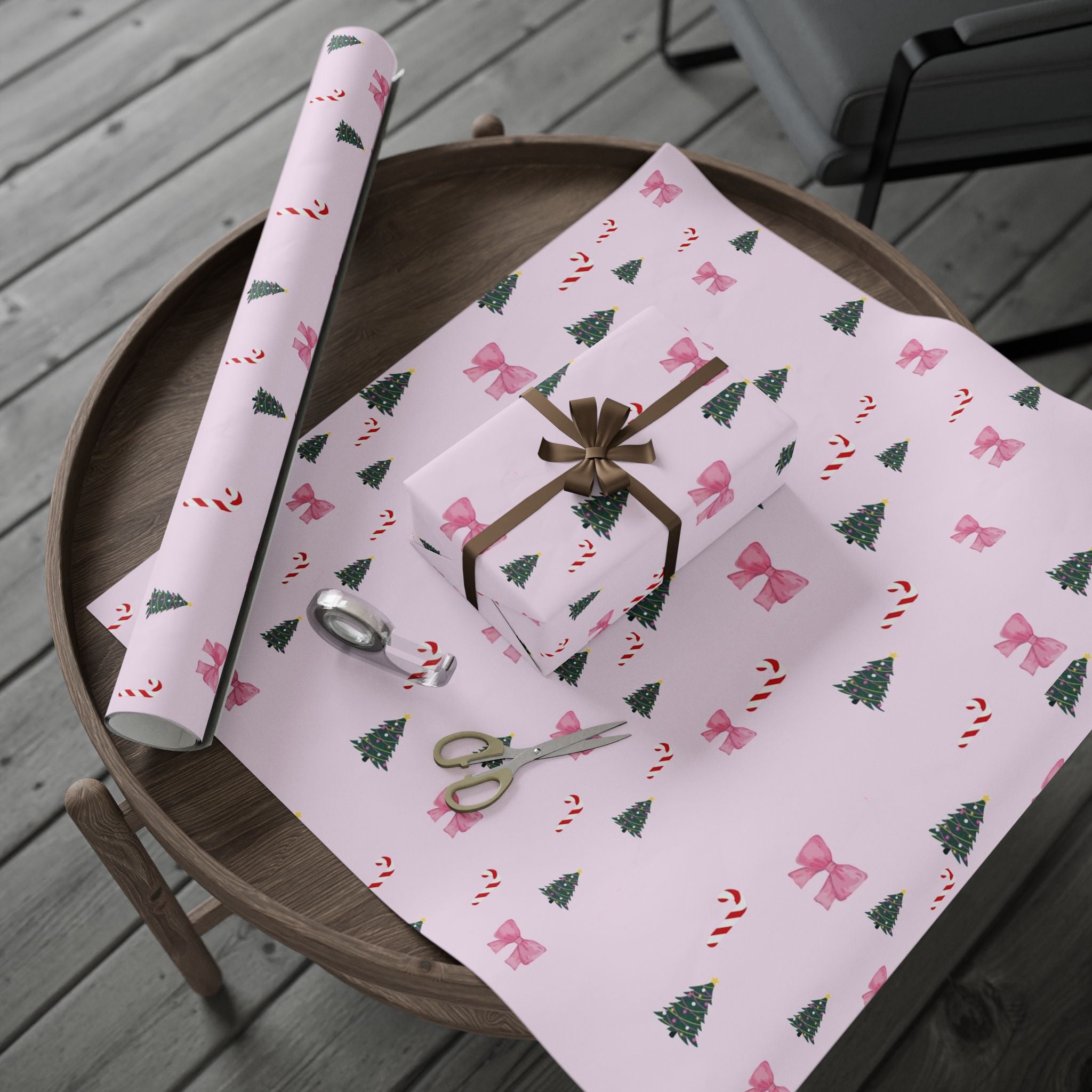 Pink Christmas Tree, Candy Cane & Bow Wrapping Paper