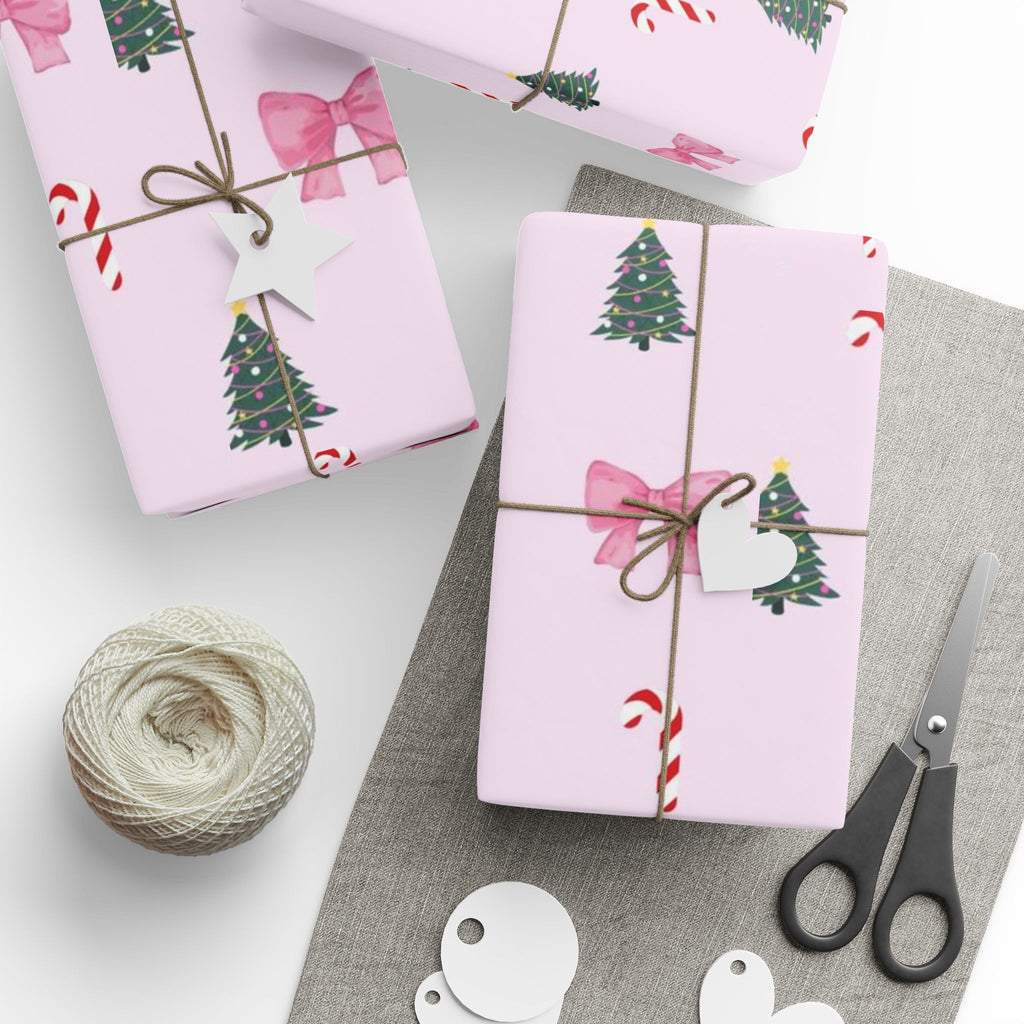 Pink Christmas Tree, Candy Cane & Bow Wrapping Paper