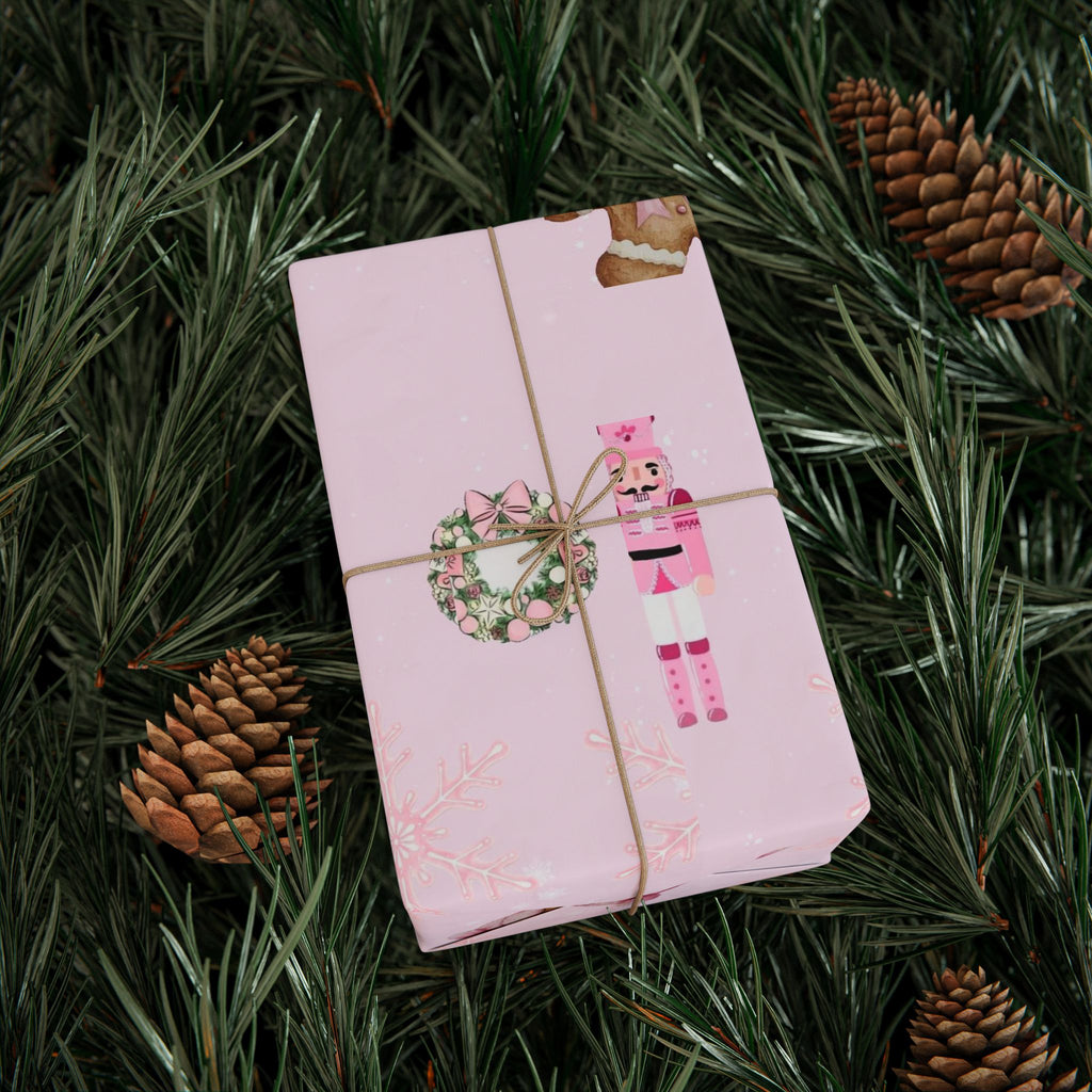 Pink Nutcracker Wrapping Paper — Cute Gingerbread Girl & Snowflake Christmas Gift Wrap