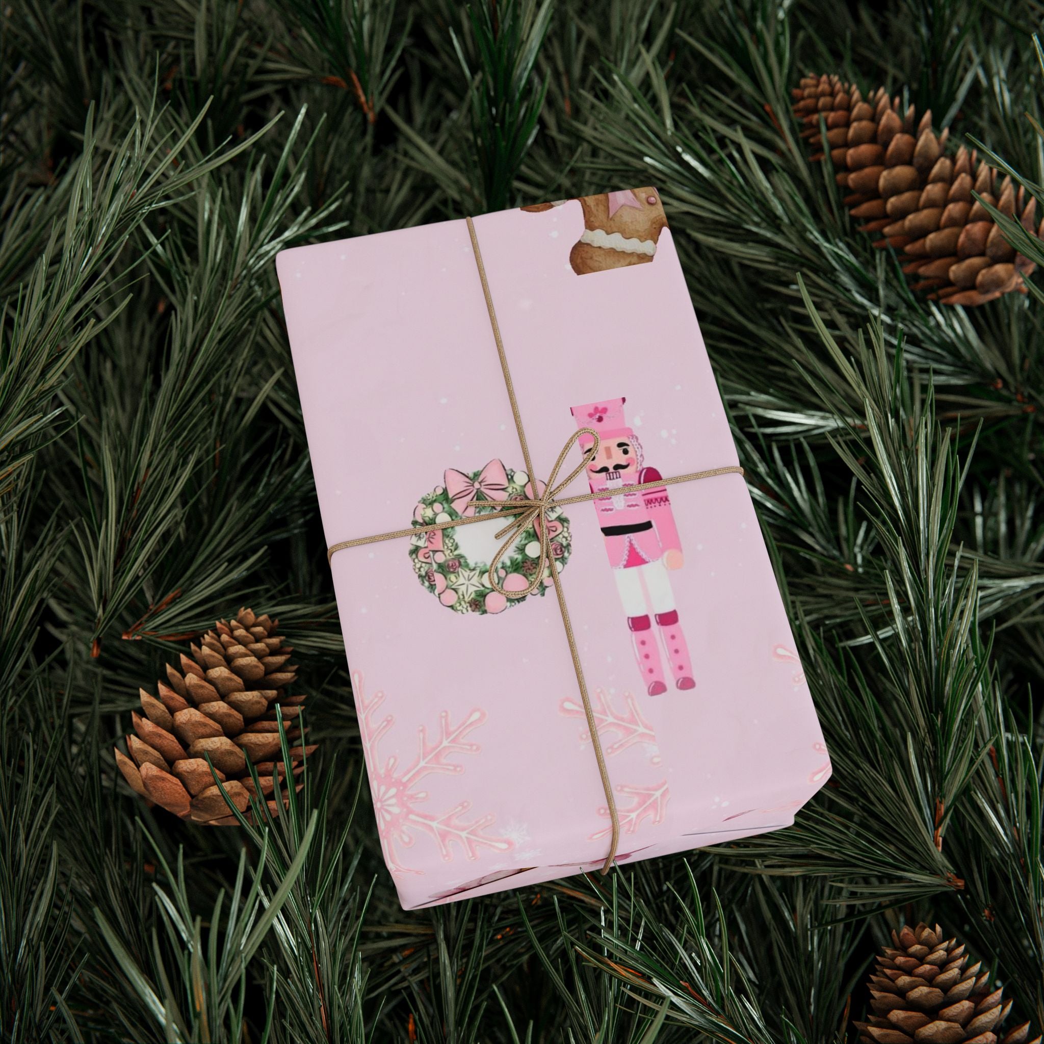 Pink Nutcracker Wrapping Paper — Cute Gingerbread Girl & Snowflake Christmas Gift Wrap
