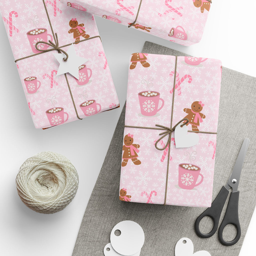 Pink Christmas Wrapping Paper - Gingerbread Girl & Hot Cocoa Pattern | Aesthetic Pinkmas Gift Wrap