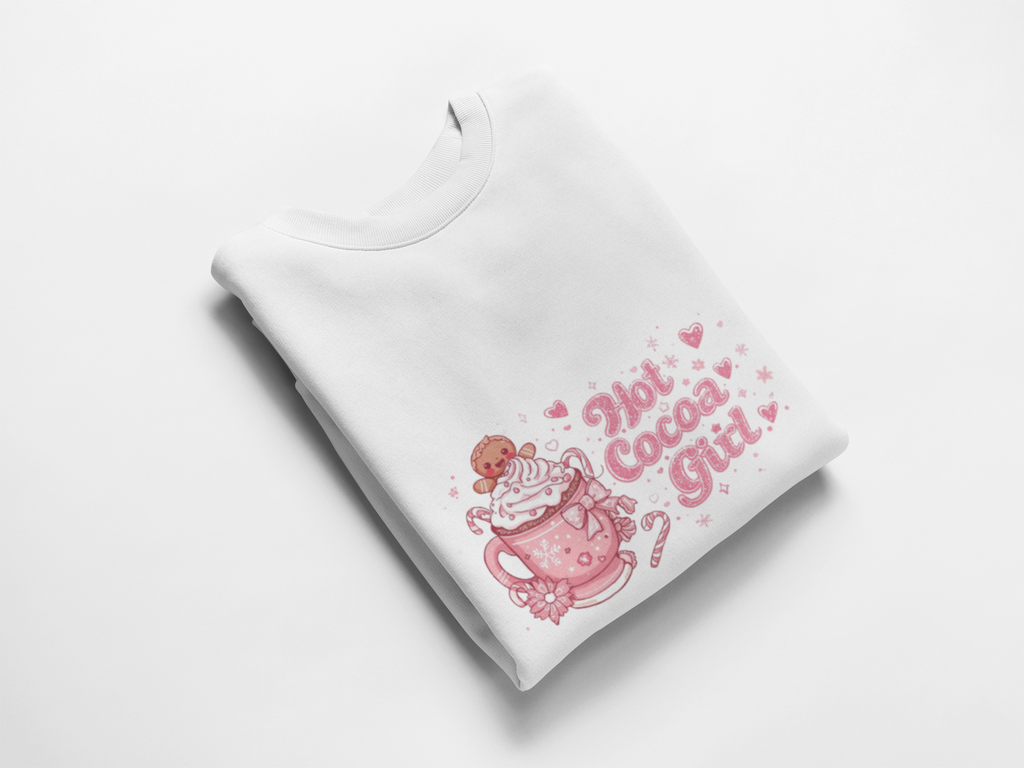 Hot Cocoa Girl Crewneck — Cute Pink Christmas Sweatshirt | Cozy Holiday Aesthetic Sweater