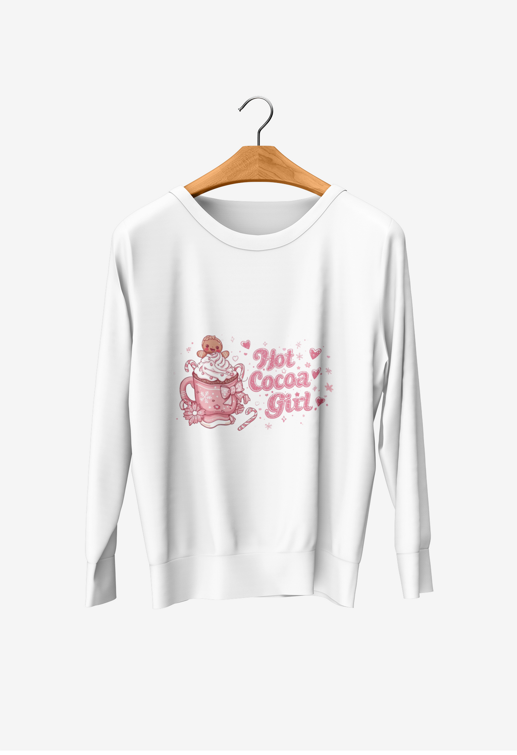 Hot Cocoa Girl Crewneck — Cute Pink Christmas Sweatshirt | Cozy Holiday Aesthetic Sweater