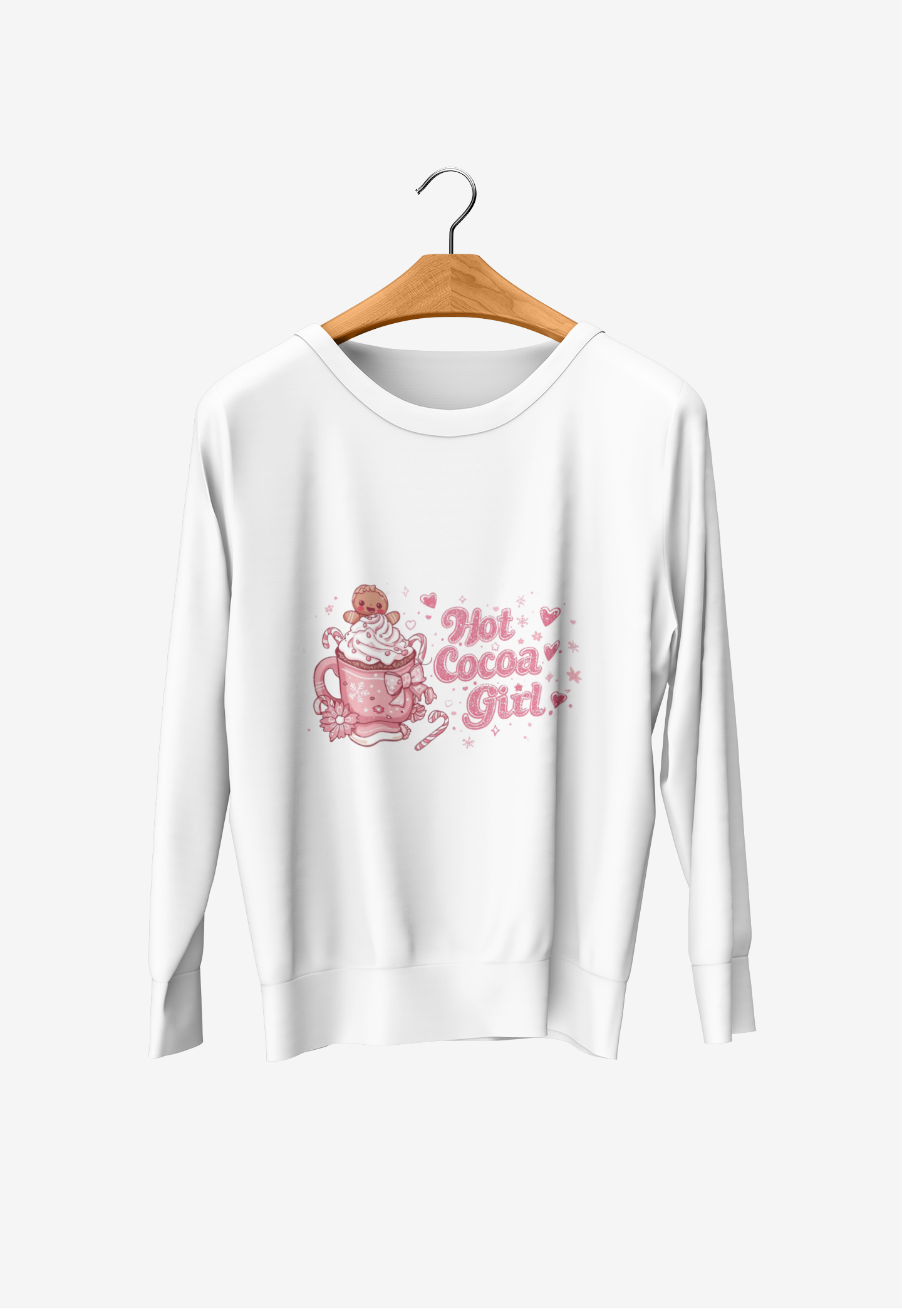 Hot Cocoa Girl Crewneck — Cute Pink Christmas Sweatshirt | Cozy Holiday Aesthetic Sweater