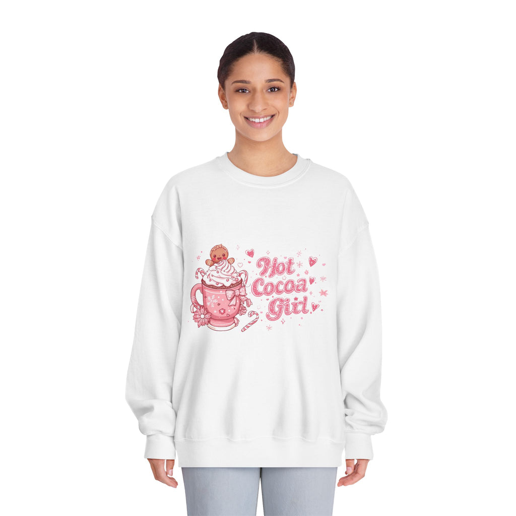 Hot Cocoa Girl Crewneck — Cute Pink Christmas Sweatshirt | Cozy Holiday Aesthetic Sweater