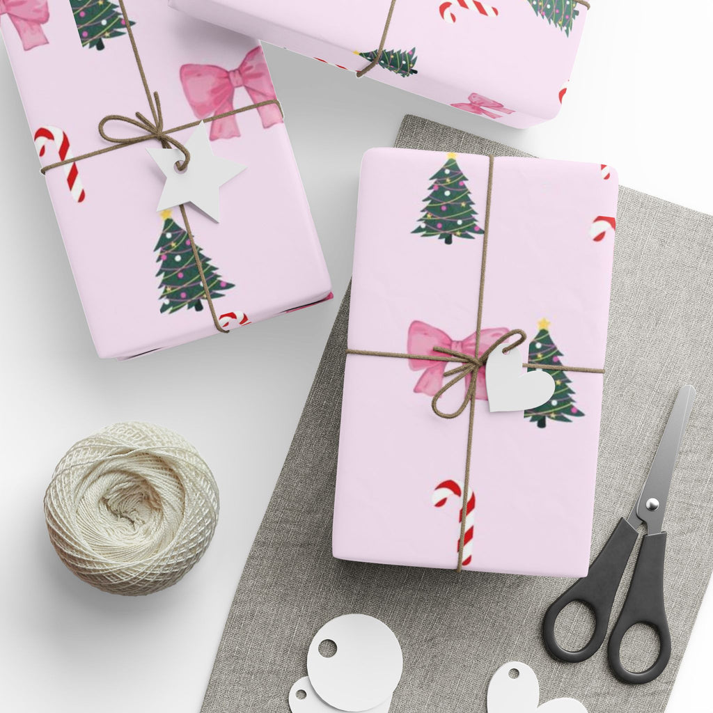 Pink Christmas Tree, Candy Cane & Bow Wrapping Paper