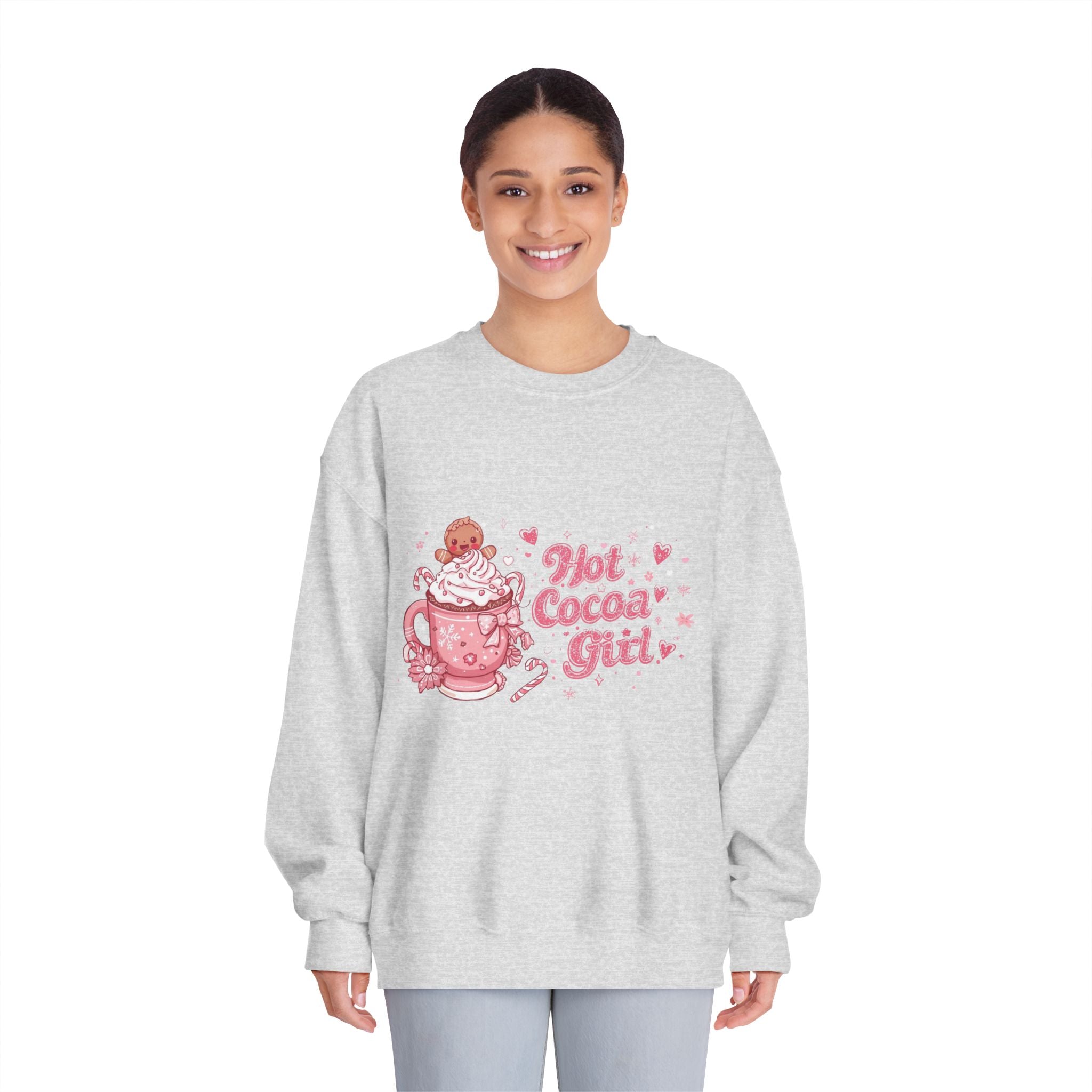 Hot Cocoa Girl Crewneck — Cute Pink Christmas Sweatshirt | Cozy Holiday Aesthetic Sweater