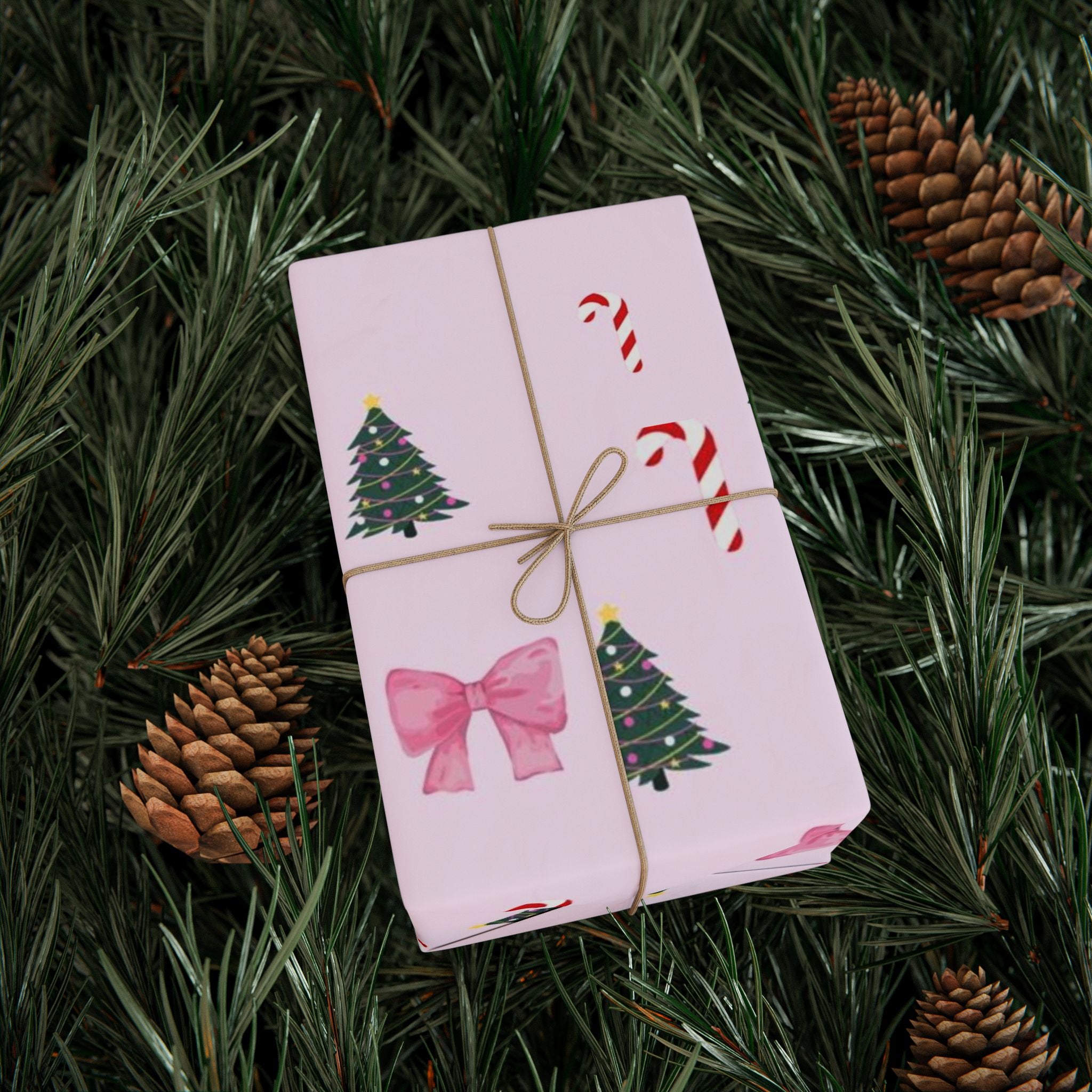 Pink Christmas Tree, Candy Cane & Bow Wrapping Paper