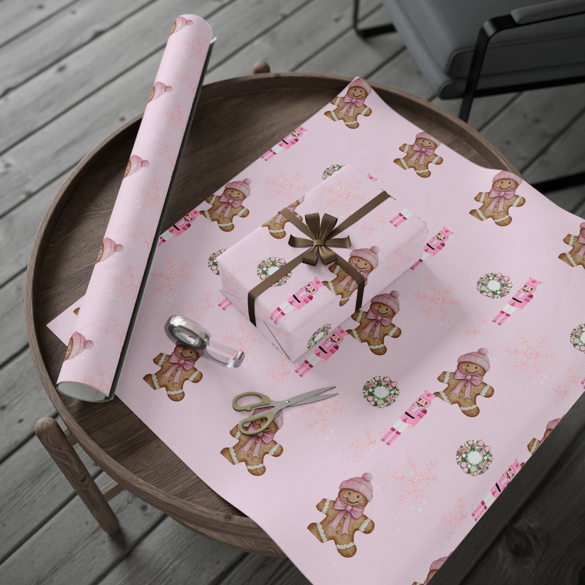 Pink Nutcracker Wrapping Paper — Cute Gingerbread Girl & Snowflake Christmas Gift Wrap
