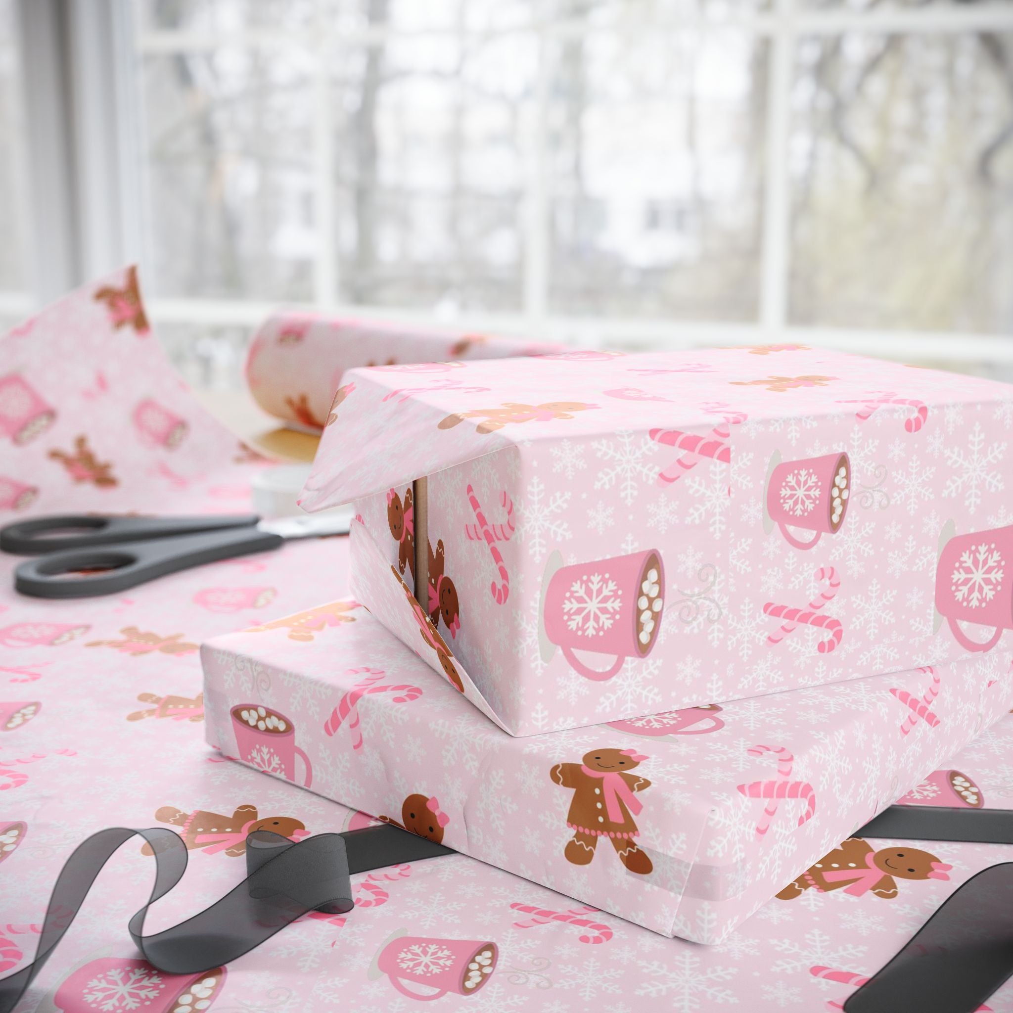 Pink Christmas Wrapping Paper - Gingerbread Girl & Hot Cocoa Pattern | Aesthetic Pinkmas Gift Wrap