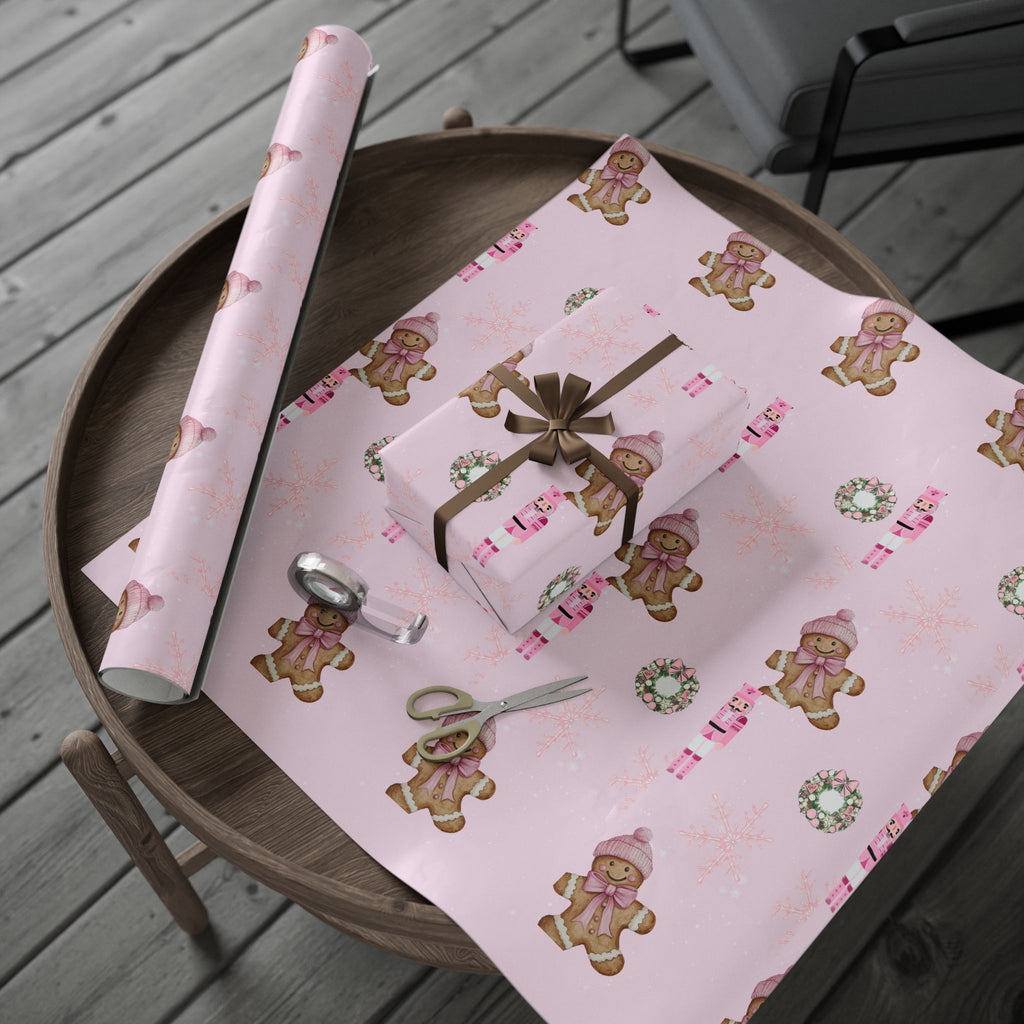 Pink Nutcracker Wrapping Paper — Cute Gingerbread Girl & Snowflake Christmas Gift Wrap