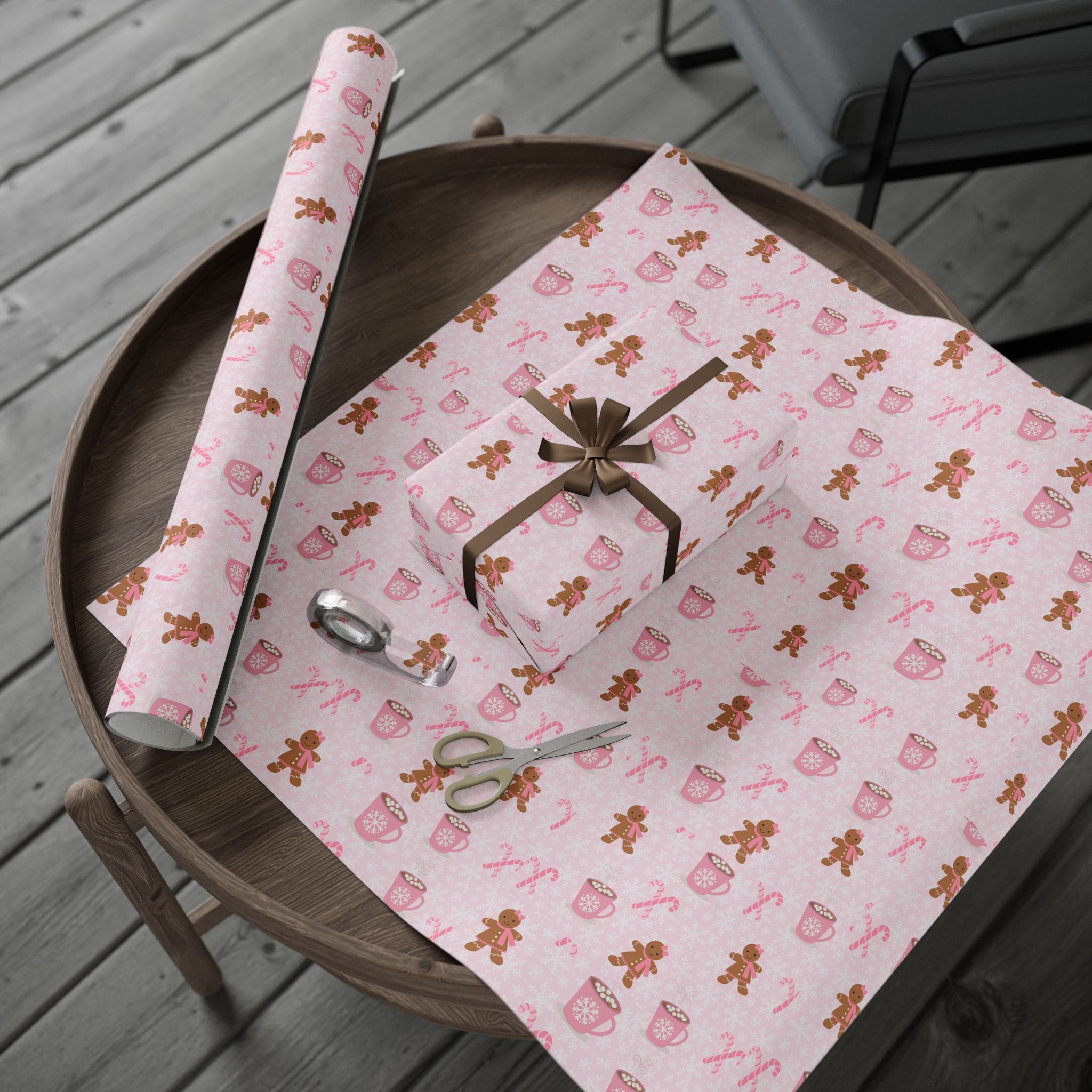 Pink Christmas Wrapping Paper - Gingerbread Girl & Hot Cocoa Pattern | Aesthetic Pinkmas Gift Wrap