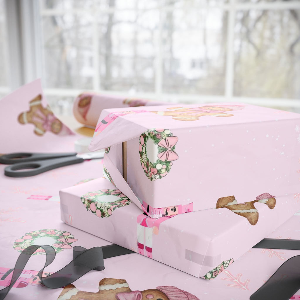Pink Nutcracker Wrapping Paper — Cute Gingerbread Girl & Snowflake Christmas Gift Wrap