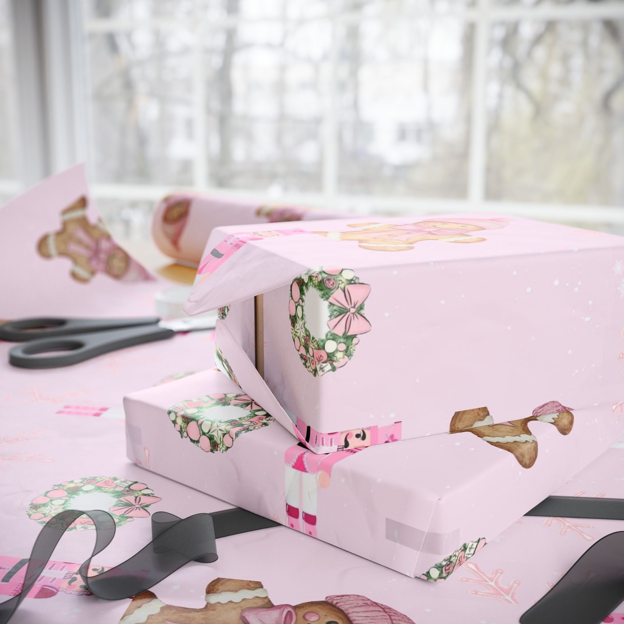 Pink Nutcracker Wrapping Paper — Cute Gingerbread Girl & Snowflake Christmas Gift Wrap