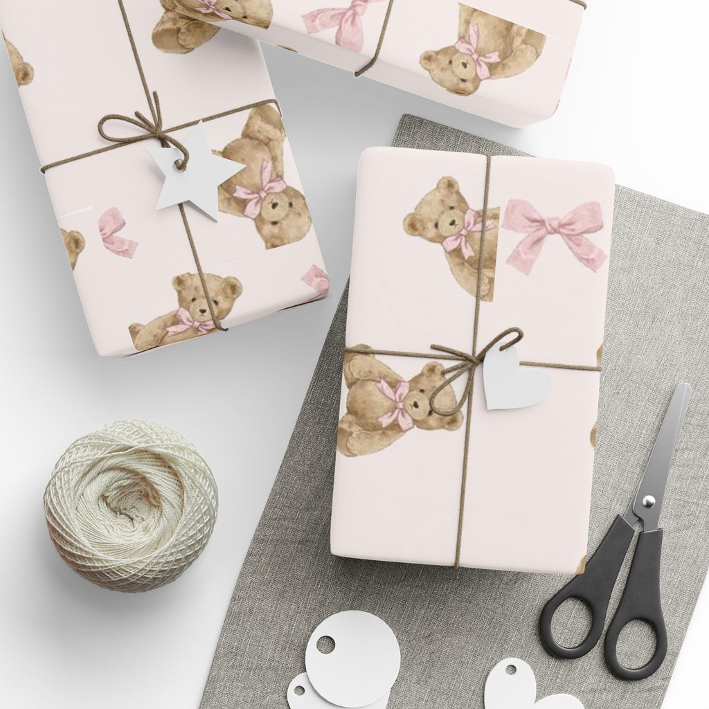 Pink Teddy Bear Christmas Wrapping Paper — Cute Girly Pinkmas Gift Wrap | Bow & Bear Holiday Paper