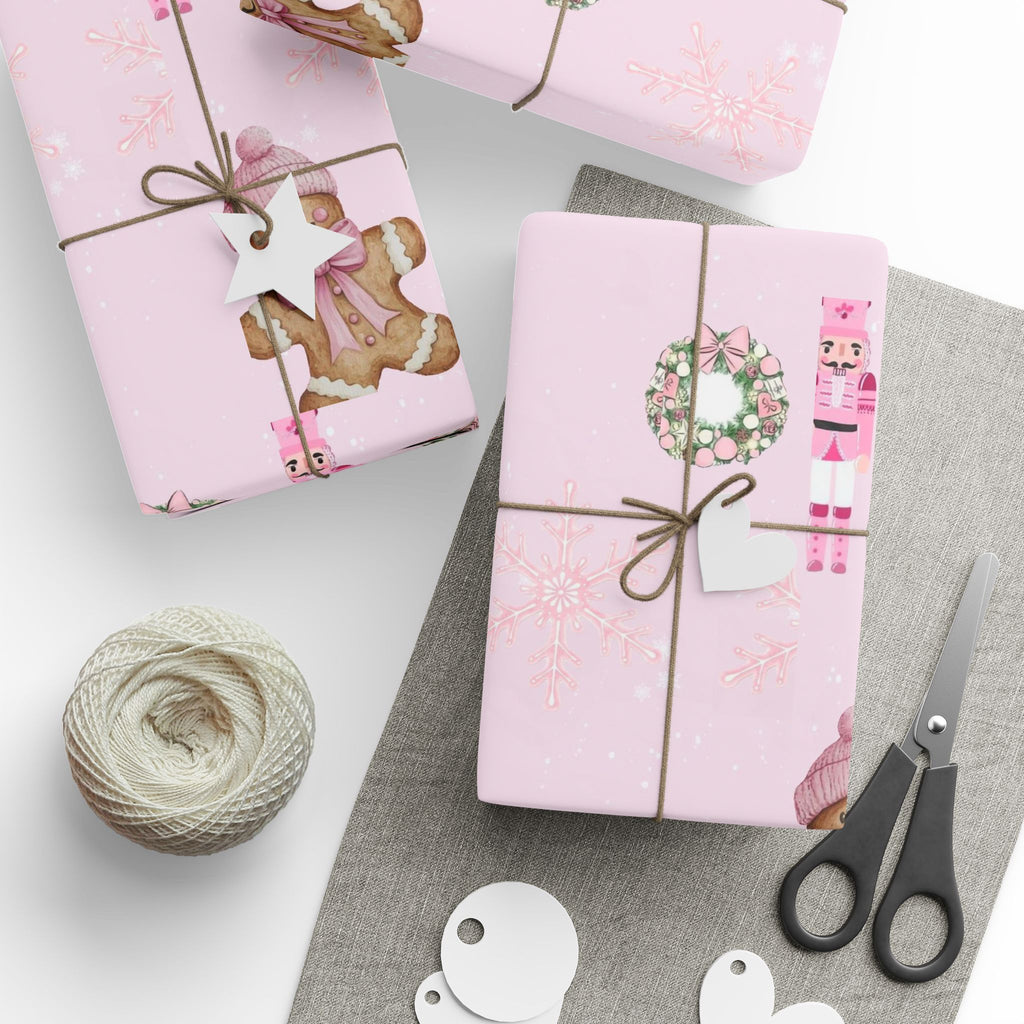 Pink Nutcracker Wrapping Paper — Cute Gingerbread Girl & Snowflake Christmas Gift Wrap