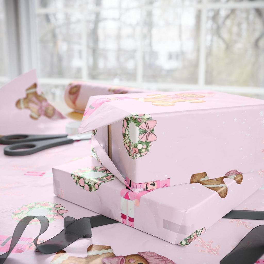 Pink Nutcracker Wrapping Paper — Cute Gingerbread Girl & Snowflake Christmas Gift Wrap